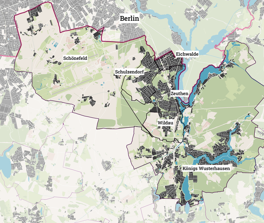 Karte der Region süd-östlich von Berlin. Die Partnerkommunen des Reallabors sind hervorgehoben.