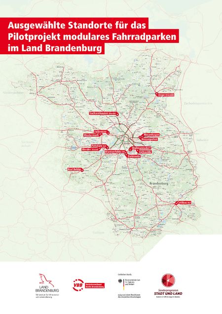 Karte mit allen Standorten des Pilotprojektes "Modulares Fahrradparken" im Umland Berlins